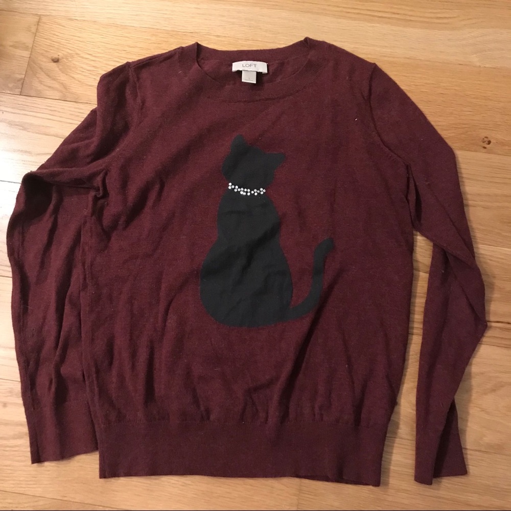 LOFT sweater with black cat with rhinestone collar